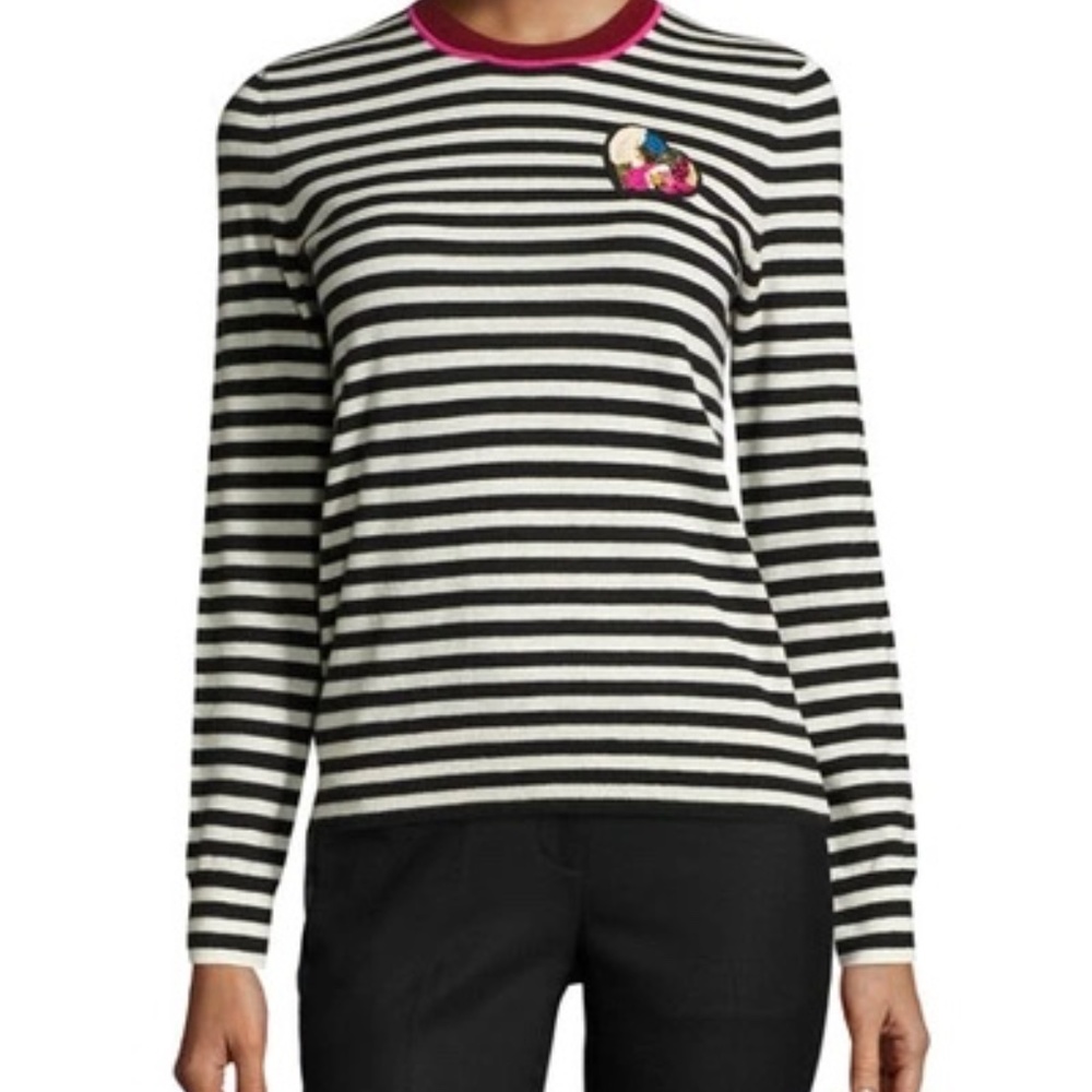 TORY BURCH Stripe-print Heart-Patch Cashmere Sweater in Black and White